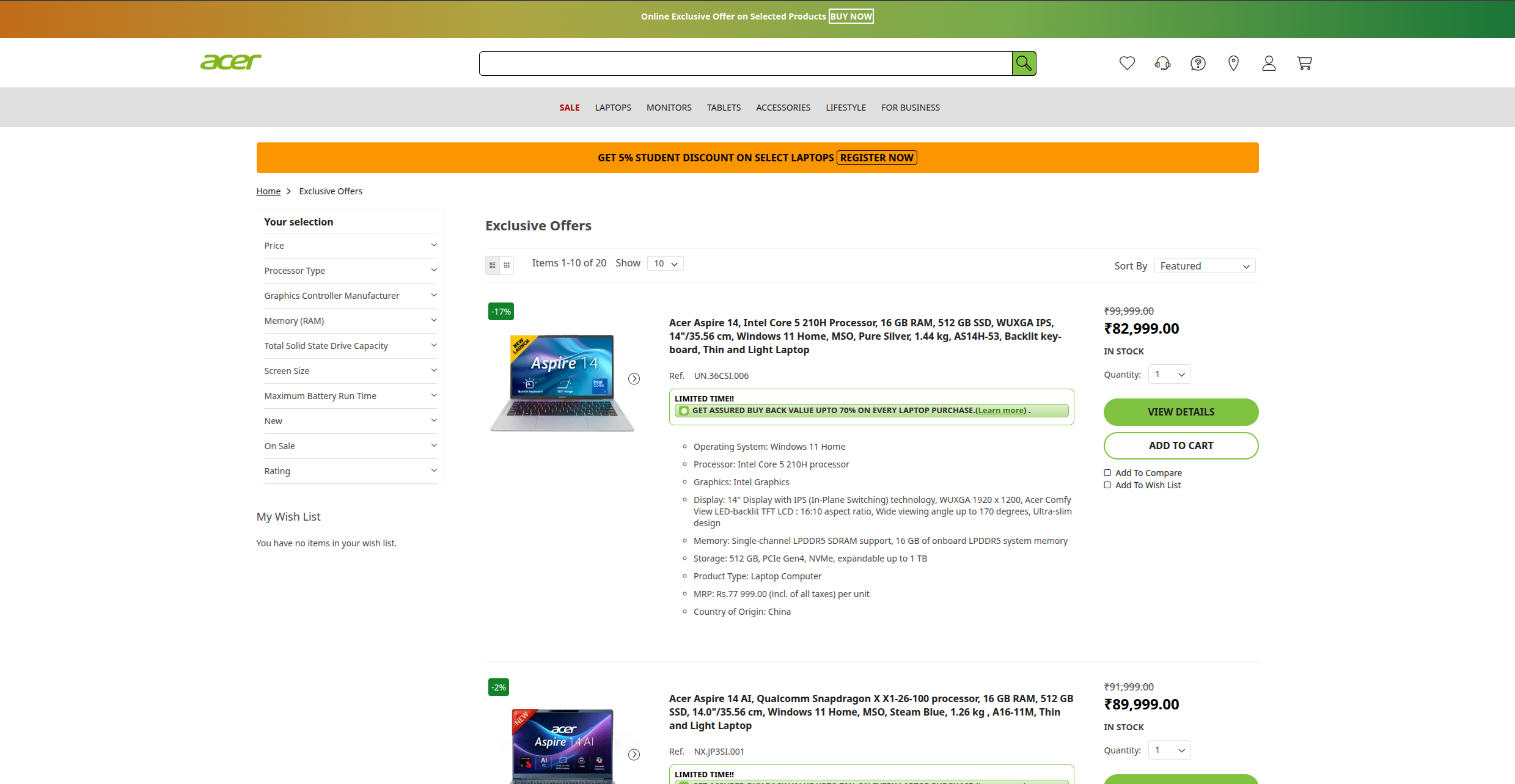 Acer Laptop Shopping India